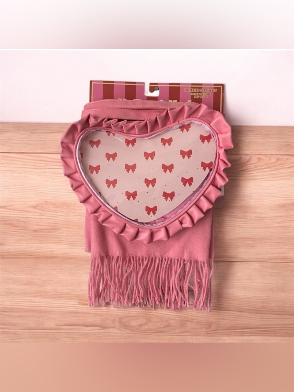 NEW Mellow & Mod Heart-Shaped Pink Reusable Crossbody Tote & Fringe Scarf Set